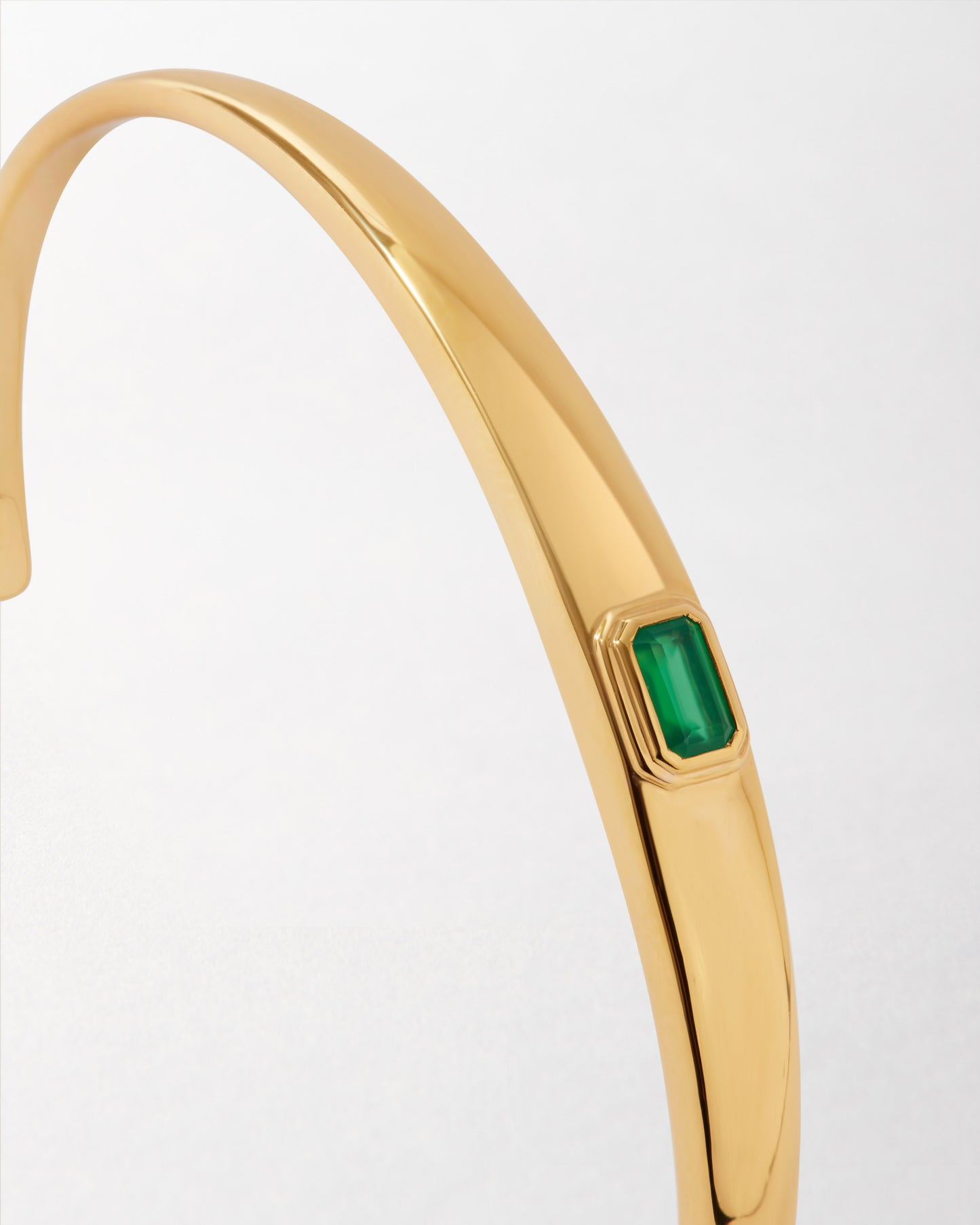Pebble Green Onyx Cuff crafted in gold-plated sterling silver featuring an elegant green onyx stone, designed as considered jewellery in recycled metals, built to last.