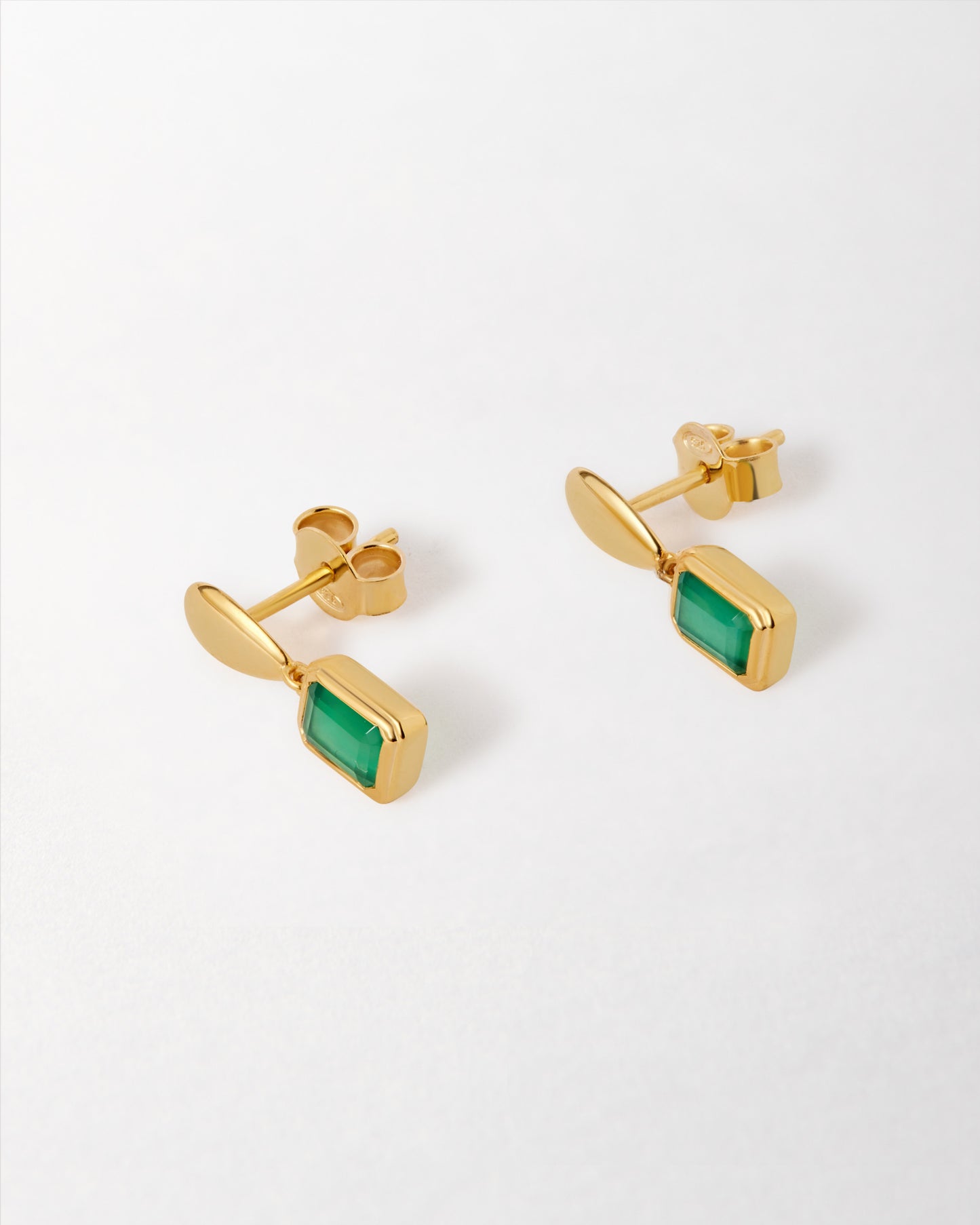 Pebble Green Onyx May Birthstone Drop Earrings featuring gold-plated sterling silver with a vibrant green onyx stone, crafted with recycled metals for considered, fine jewellery.