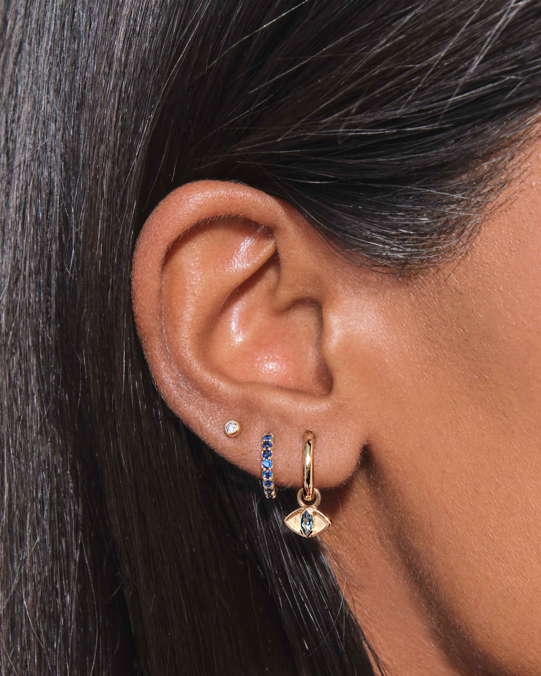 14K Gold Hoop Earrings with Diamond Evil Eye