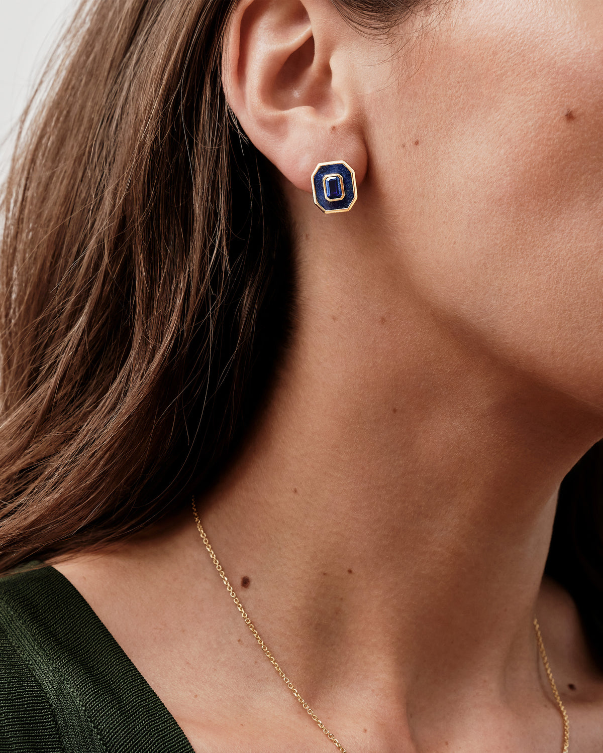 Deco Lapis and Blue Sapphire Stud Earrings