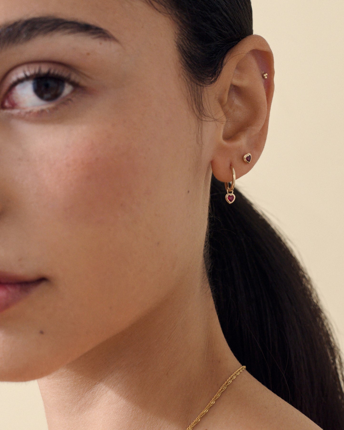 Solid Gold Heart Ruby Hoop Earrings