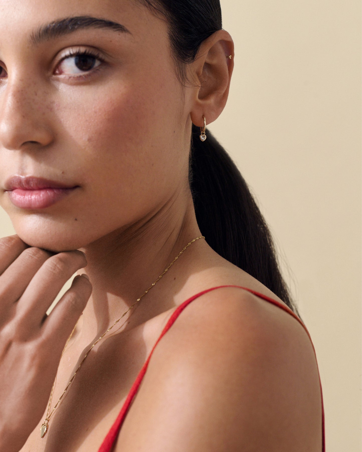 Solid Gold Heart White Sapphire Hoop Earrings