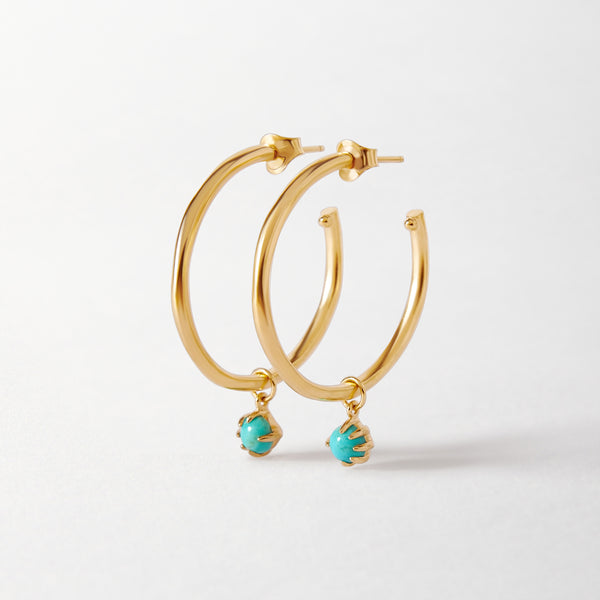 Gold Filled Hoop Earrings with Turquoise order Charm, Chunky Gold Hoops, Turquoise Earrings, Gold Hoops With Charms, Thick Gold Hoops, KL20-1127